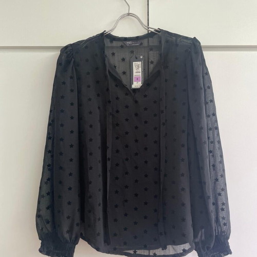 Marks & Spencer women's black transparent blouse with velvet stars, new
