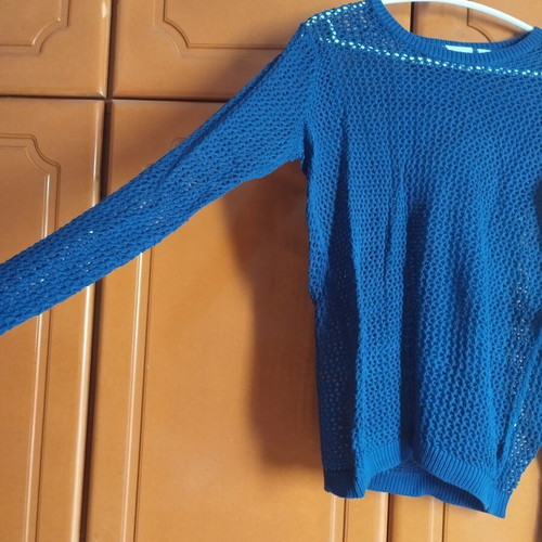 Machine-knit long sleeve sweater, blue, size M
