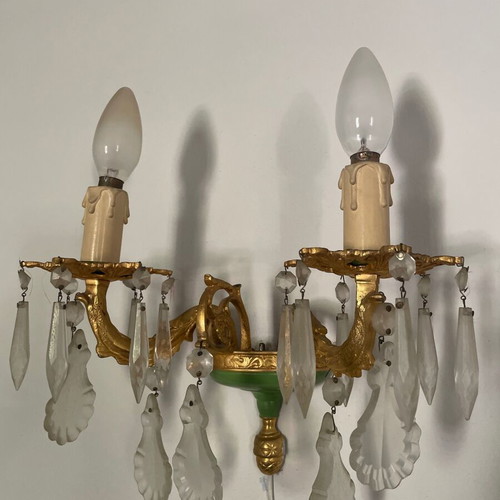 Classic vintage wall sconce with two lights, brass and crystals, like new, set of 2