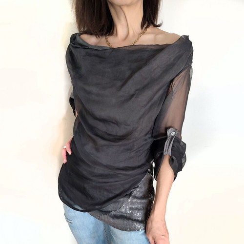 Silk-Viscose Top new, cloudy grey, XS/S with sequin detail
