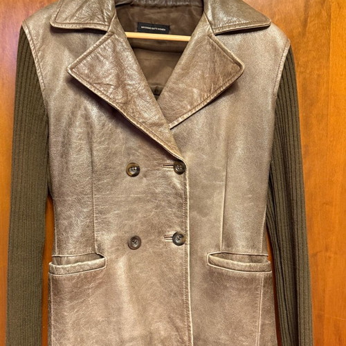 Massimo Dutti leather jacket used brown with knitted sleeves