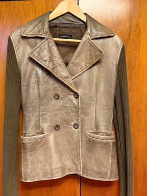 Massimo Dutti leather jacket used brown with knitted sleeves