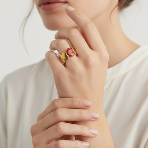 Louis Vuitton Sweet Monogram gold ring with red enamel hearts, size S