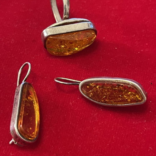Silver 925 jewelry set with amber, used, ring size 58