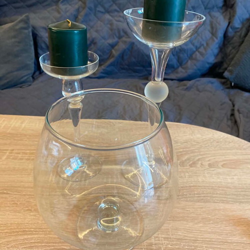 Glass decorative set like new, large bowl and 2 candle holders