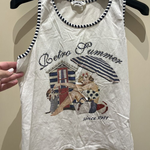 Mayoral sleeveless top like new, white with blue retro print