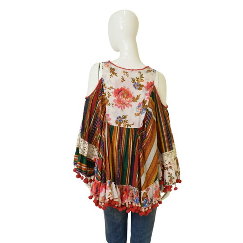 Antica Sartoria tunic blouse top with embroidery, cold shoulders and pom poms, multicolor, very good condition