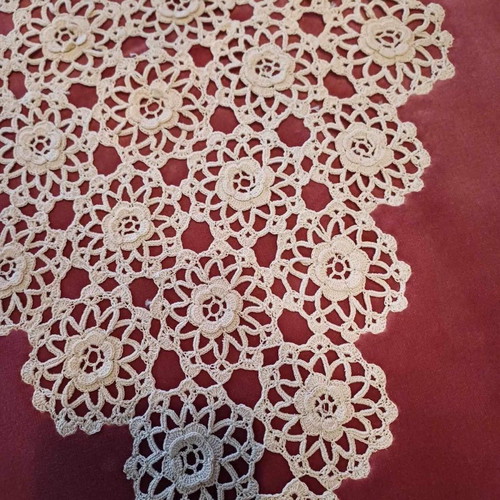 Handmade crochet motifs on refurbished velvet, pink salmon