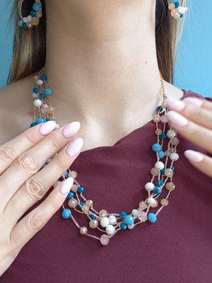 Handmade necklace and earrings set with crochet and pink gold thread
