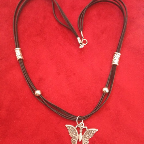 Butterfly necklace suede and leather new, black and silver