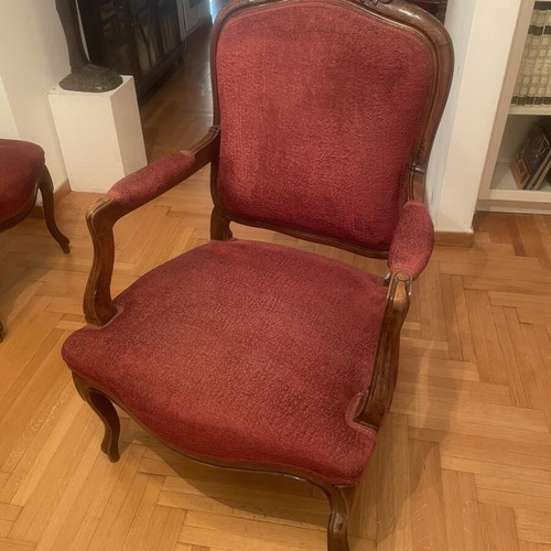 Two Louis Quatorze armchairs and two chairs used, carved walnut wood, handmade