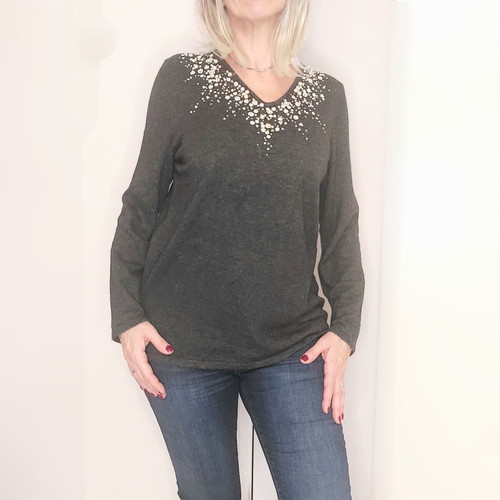 Leonard's women's blouse size L 42 gray with pearls and beads like new