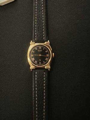 Citizen γυναικείο vintage ρολόι, δερμάτινο λουράκι, χρυσό και μαύρο καντράν