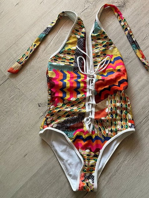 One-piece swimsuit like new with colorful boho patchwork design