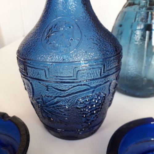 Blue blown glass vase set with two ashtrays and water or wine jug