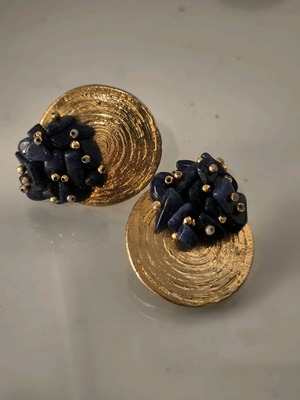 Vintage 80" gold-plated earrings with genuine blue sodalite stone and clip new
