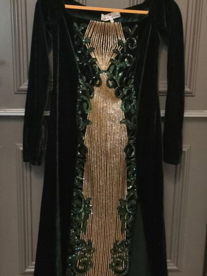 Maxi velvet embroidered dress new, green with gold details
