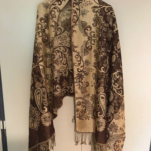 Pashmina scarf double-sided, new, gold and brown floral paisley design