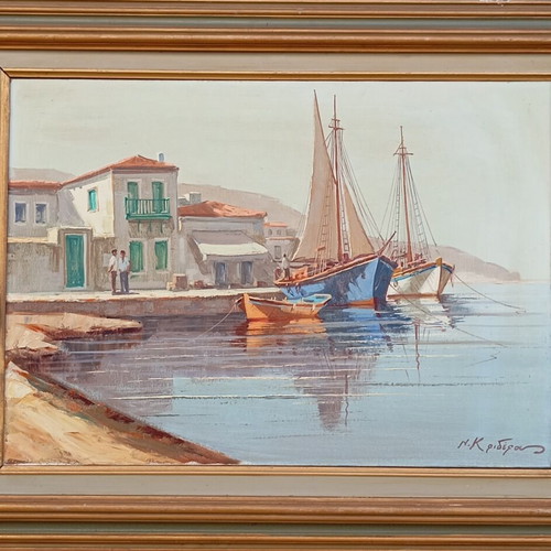 Oil painting by N. Krideras used, seascape with boats, framed 90x70 cm