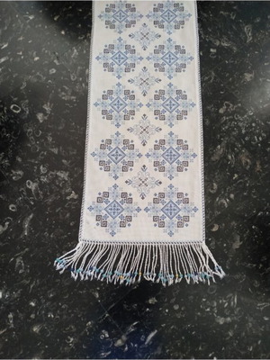 Handmade table runner with fringes and beads 113x39 cm, new
