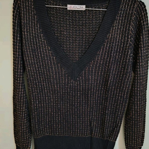 Knitted V neck sweater black with gold thread new, size M
