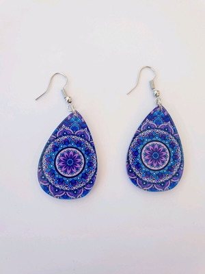 Σκουλαρίκια boho σταγόνα ακρυλικά μπλε μωβ mandala σαν καινούργια