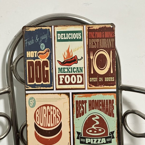 Vintage Metal Tin Sign Fast Food with Hot Dog, Burger, Pizza & Mexican Food used