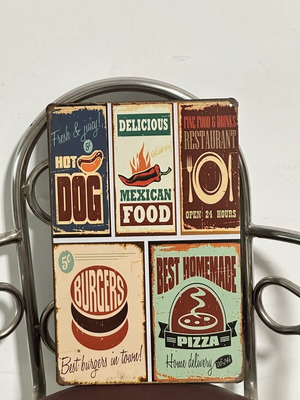 Vintage Metal Tin Sign Fast Food with Hot Dog, Burger, Pizza & Mexican Food used