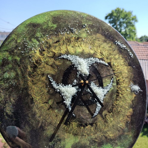 Handmade wall clock with liquid glass biohazard design
