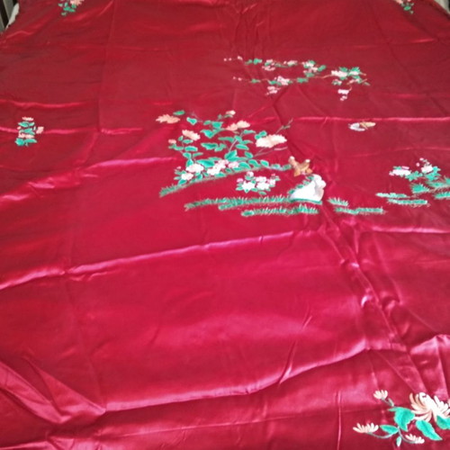 Bed cover used in red with multicolor embroidery and pillowcases