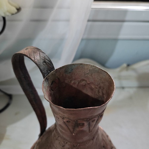 Handmade copper pitcher used, museum piece with engraved signature