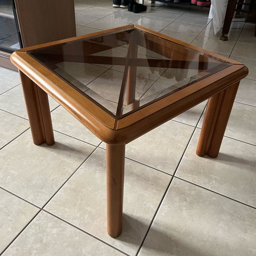 Coffee tables set used, 3 pieces with glass and wood