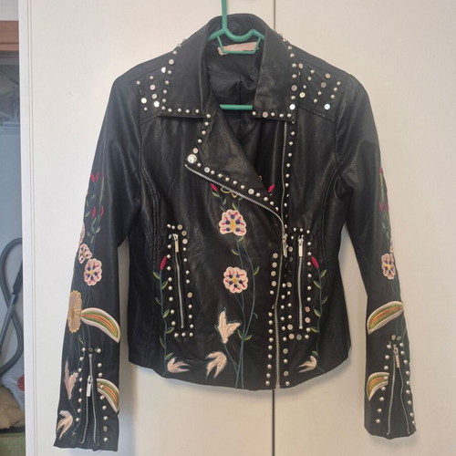 Embroidered black biker jacket size S like new