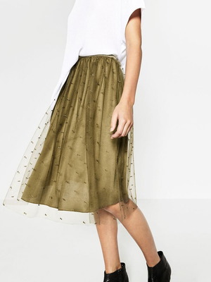 Zara tulle skirt green khaki with gold details and lining new
