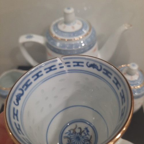 Vintage porcelain tea set China rice grain technique, like new
