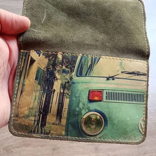 Suede tobacco pouch with VW Transporter Type 2 print like new
