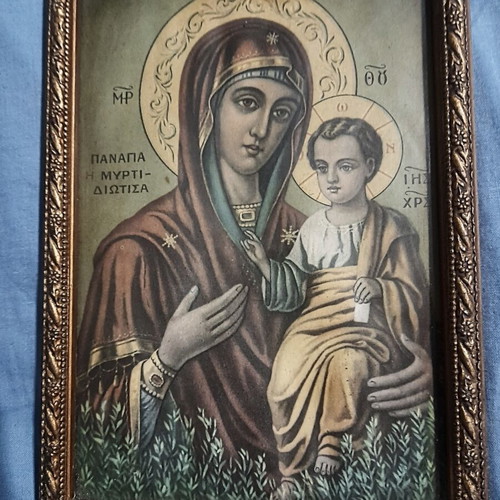 Lithograph Panagia Myrtidiotissa 1970 wooden frame used