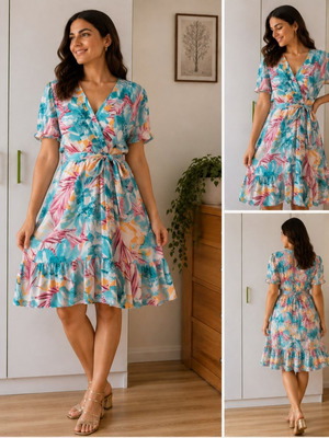 Midi dress with belt, colorful