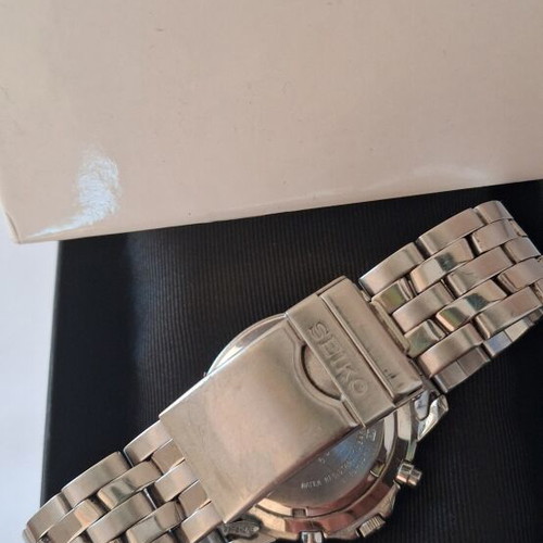 Seiko Quartz Japan Chronograph Alarm watch used, blue dial, silver bracelet