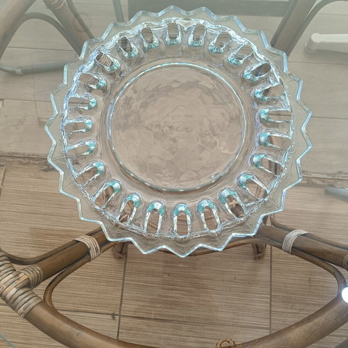 Vintage pressed glass serving platter with sunray design