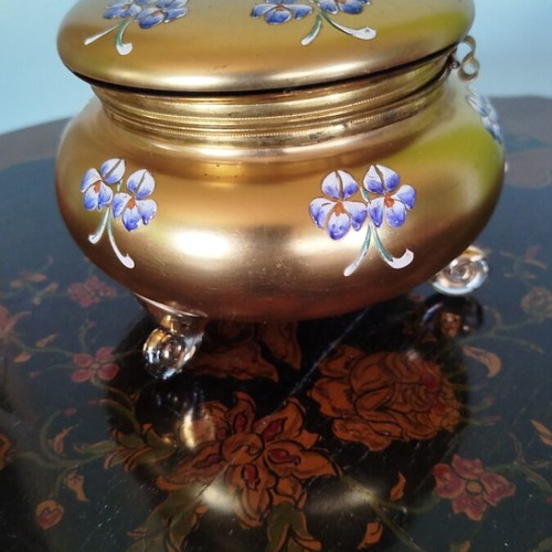Art Nouveau vintage crystal fondue pot with hinged lid