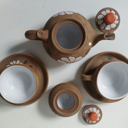 Vintage clay tea set used, 1970s