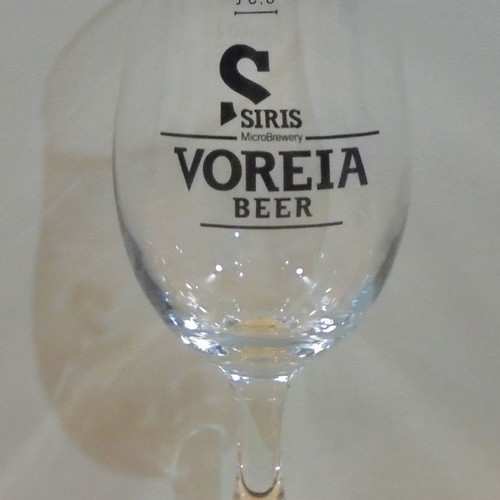 Siris Voreia beer set of two used promotional stemmed glasses 0.3lt