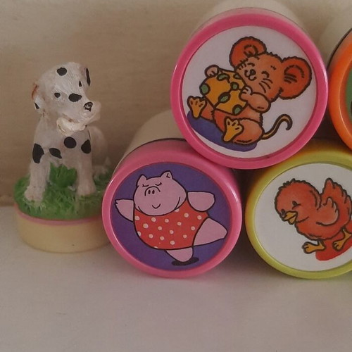 Collection of 1990s children's rubber stamps with original ink