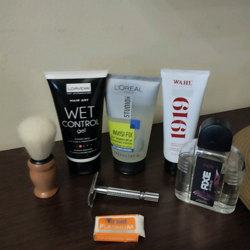 Men's grooming used, shaving machine and product set