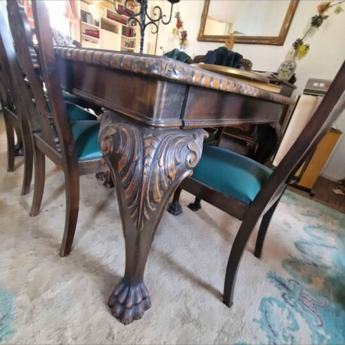 French antique dining table with lion legs and chairs, buffet included