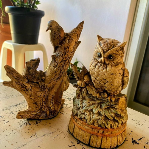 Handmade ceramic decorative owls and tree branch with squirrel and bird new
