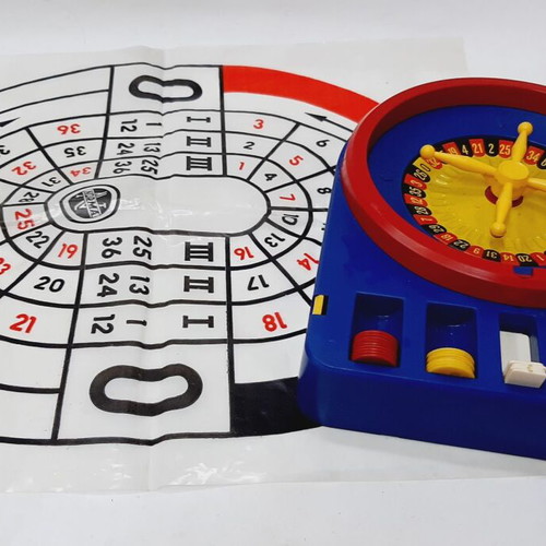 Vintage children's roulette game, like new, blue plastic, nylon mat