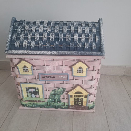 Wicker box house pink like new for baptism or storage