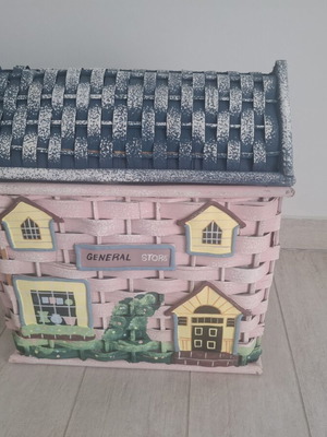 Wicker box house pink like new for baptism or storage